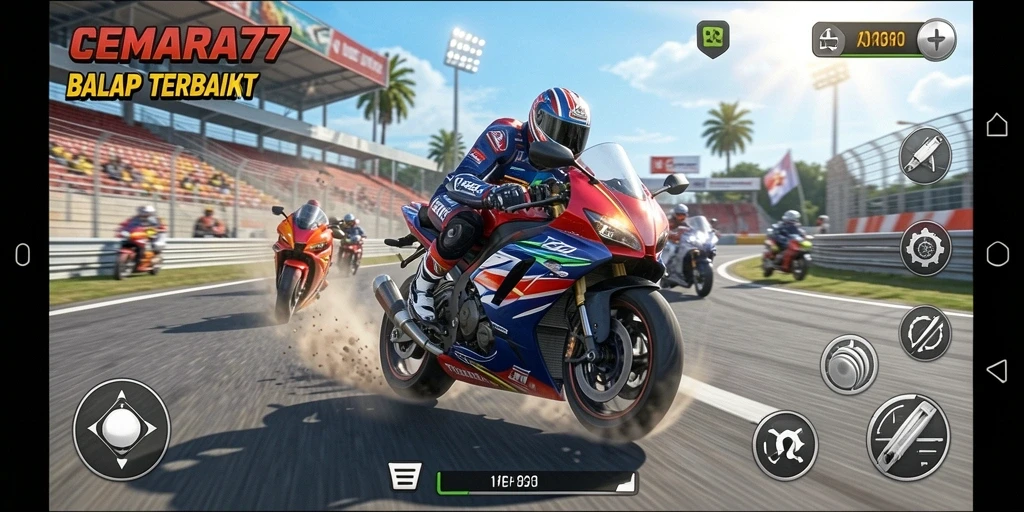 Screenshot gameplay CEMARA77 yang menampilkan aksi balap motor yang mendebarkan.