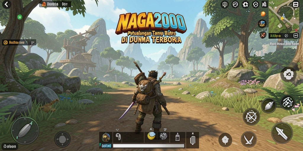 Screenshot gameplay NAGA2000 menunjukkan petualangan eksplorasi dunia terbuka.